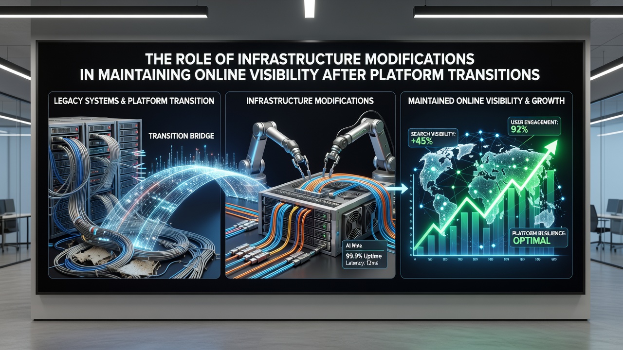 Network transition diagram illustrating how infrastructure adjustments preserve online visibility metrics after platform changes
