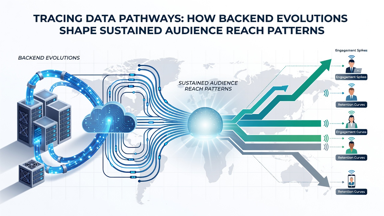 Flowchart illustrating microservices evolution impacting data routes and audience metrics over time